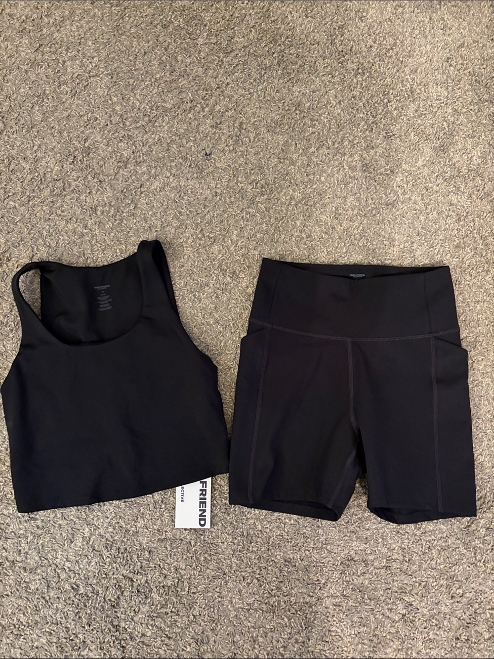Girlfriend Collective Black Bra and biker shorts pockets set bundle lot M NWT